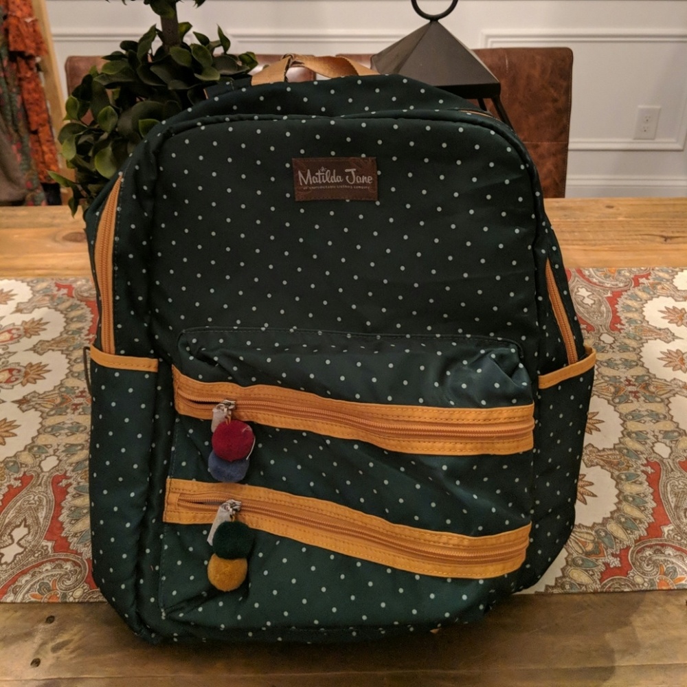 Matilda Jane hunter green and gold backpack